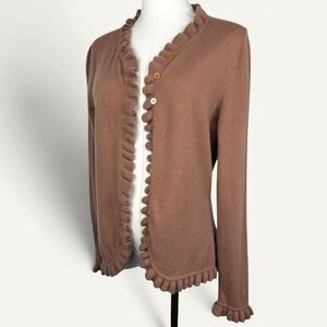 Pure Collection Cashmere Ruffle Trim Cardigan Size 8/10 M Quiet‎ Luxury Preppy